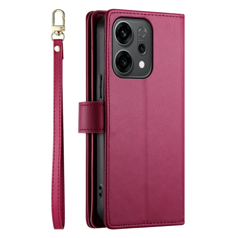 For Oppo Reno14 5G (Global) Case Zipper Pocket Wallet Leather Phone Cover with Straps - Red