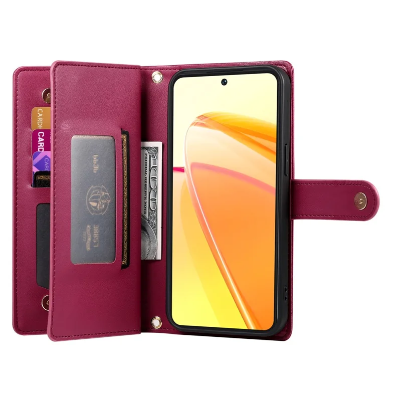 For Oppo Reno14 5G (Global) Case Zipper Pocket Wallet Leather Phone Cover with Straps - Red