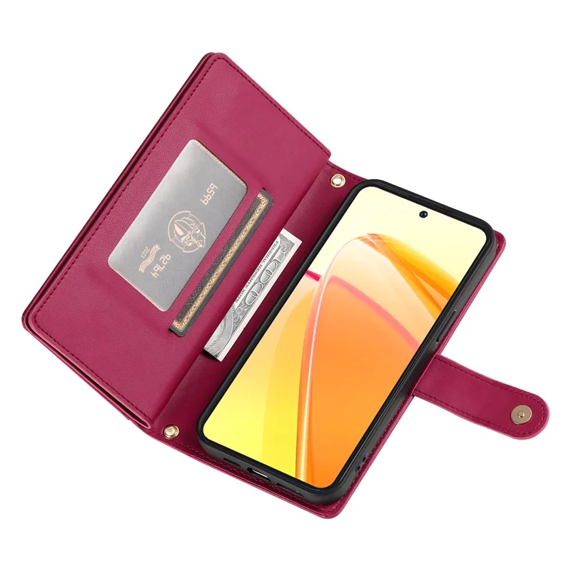 For Oppo Reno14 5G (Global) Case Zipper Pocket Wallet Leather Phone Cover with Straps - Red