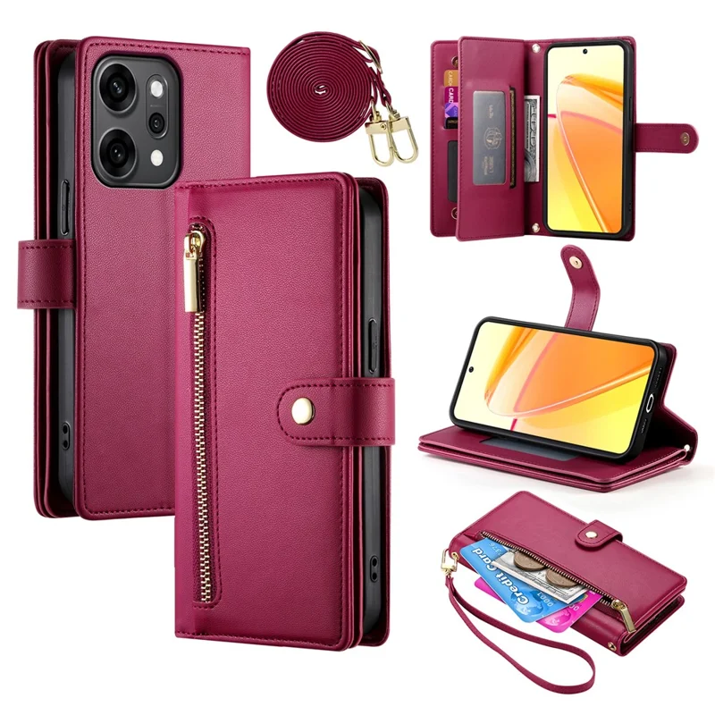 For Oppo Reno14 Pro 5G (Global) Case Zipper Pocket Wallet Leather Phone Cover with Straps - Red