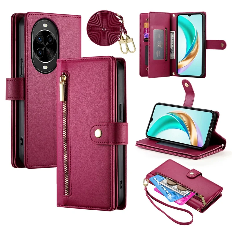 For Huawei nova 14 Pro 5G Case Zipper Pocket Wallet Leather Phone Cover with Straps - Red