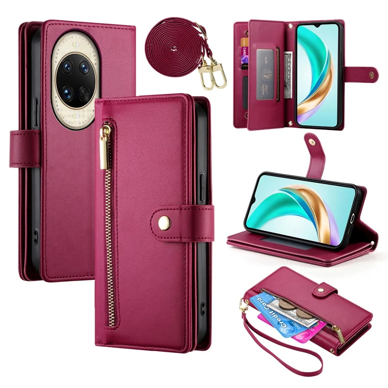 For Huawei nova 14 Ultra 5G Case Zipper Pocket Wallet Leather Phone Cover with Straps - Red
