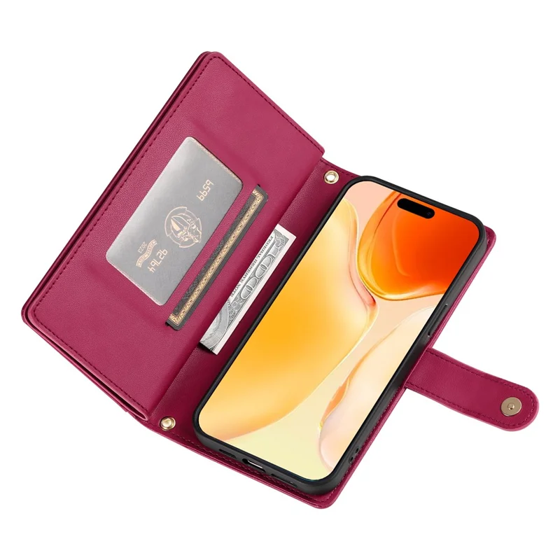 For iPhone 17 Case Zipper Pocket Wallet Leather Phone Cover with Straps - Red