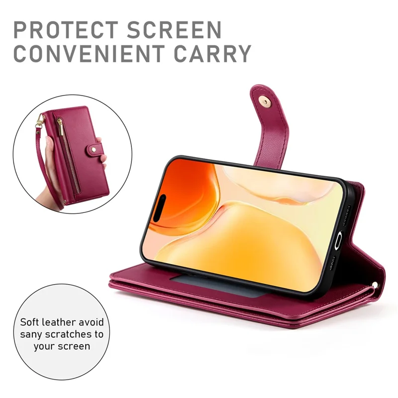 For iPhone 17 Case Zipper Pocket Wallet Leather Phone Cover with Straps - Red