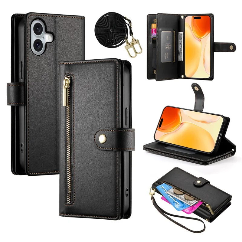 For iPhone 17 Case Zipper Pocket Wallet Leather Phone Cover with Straps - Black