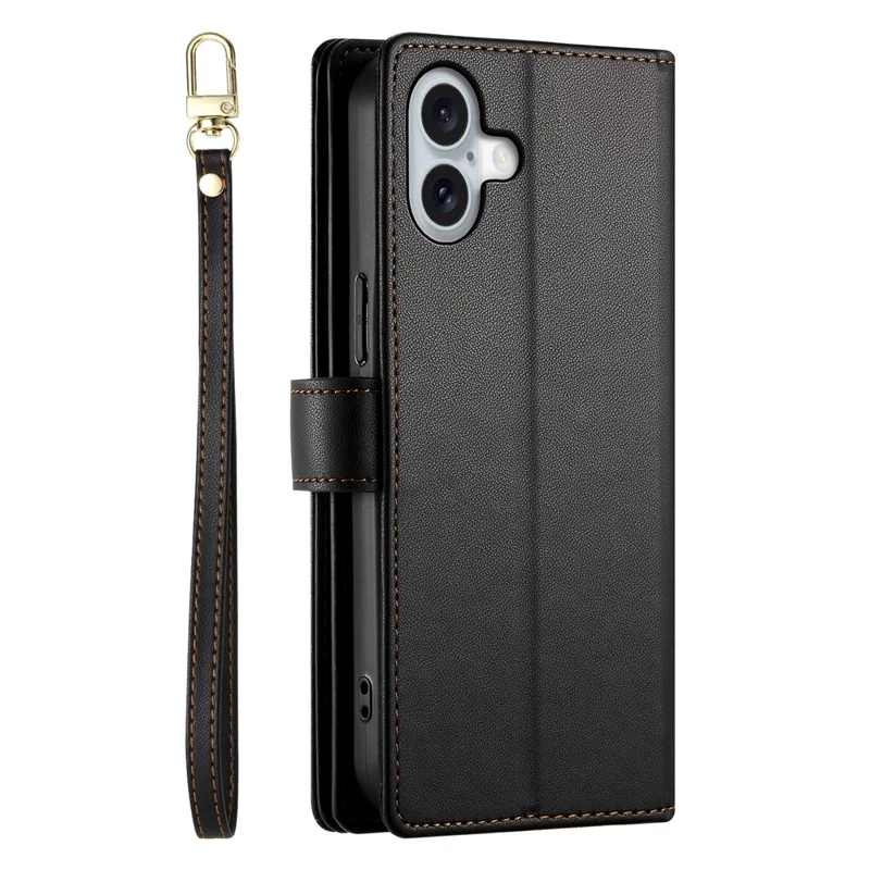 For iPhone 17 Case Zipper Pocket Wallet Leather Phone Cover with Straps - Black