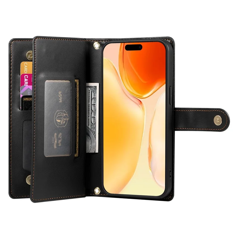 For iPhone 17 Case Zipper Pocket Wallet Leather Phone Cover with Straps - Black