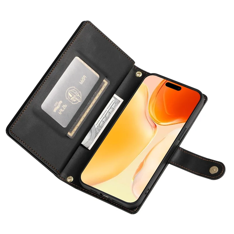 For iPhone 17 Case Zipper Pocket Wallet Leather Phone Cover with Straps - Black