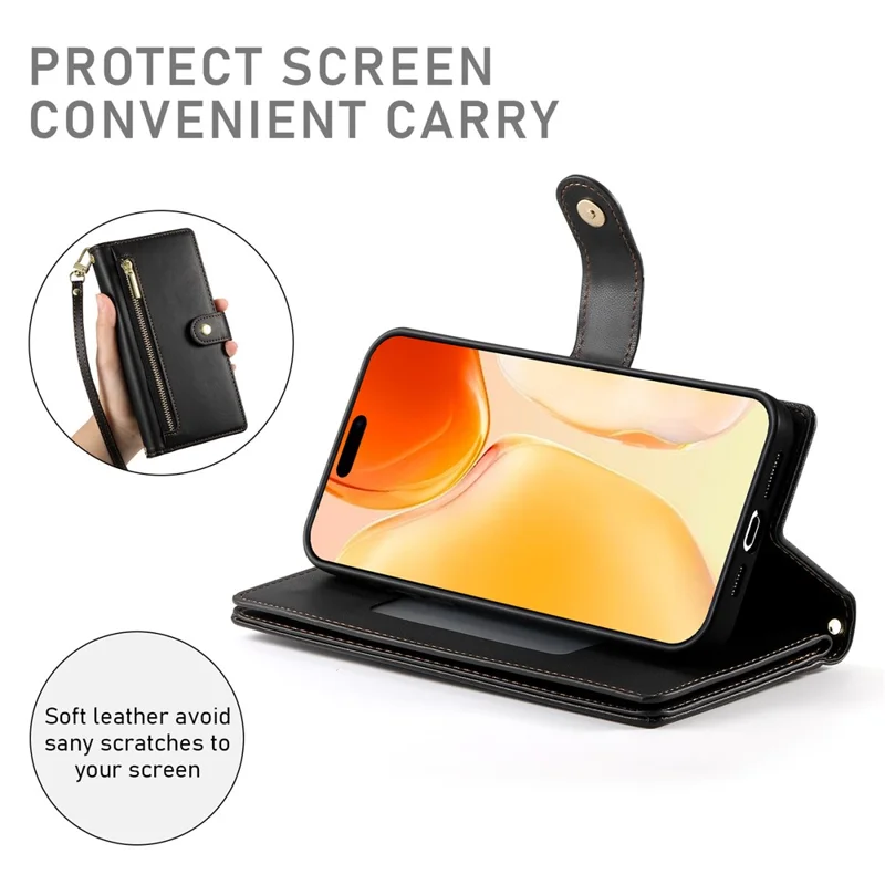 For iPhone 17 Case Zipper Pocket Wallet Leather Phone Cover with Straps - Black