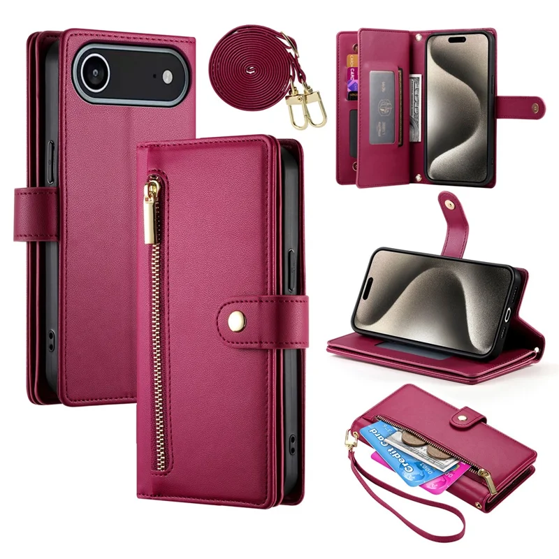 Étui de téléphone en cuir avec pochette à fermeture éclair et sangles pour iPhone 17 - Rouge