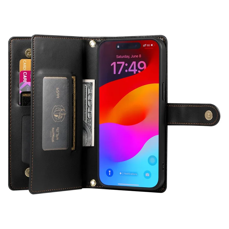 For iPhone 17 Air Case Zipper Pocket Wallet Leather Phone Cover with Straps - Black