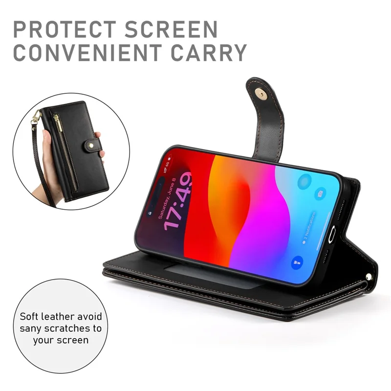 For iPhone 17 Air Case Zipper Pocket Wallet Leather Phone Cover with Straps - Black