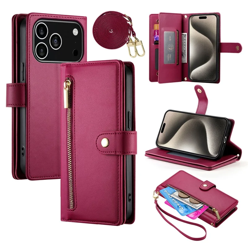 For iPhone 17 Pro Case Zipper Pocket Wallet Leather Phone Cover with Straps - Red