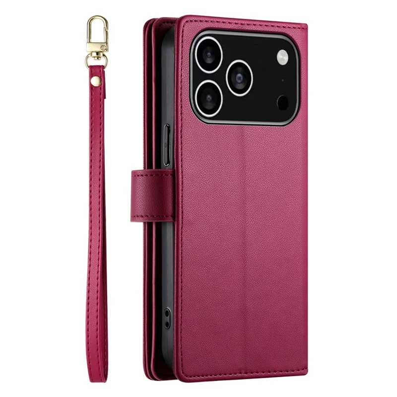 For iPhone 17 Pro Case Zipper Pocket Wallet Leather Phone Cover with Straps - Red