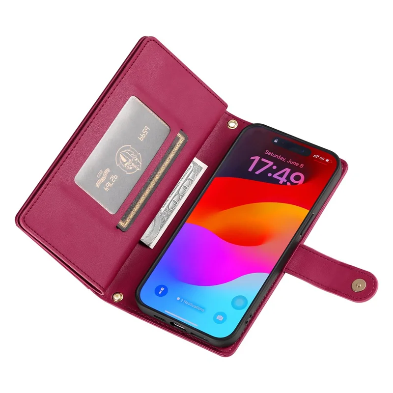 For iPhone 17 Pro Case Zipper Pocket Wallet Leather Phone Cover with Straps - Red