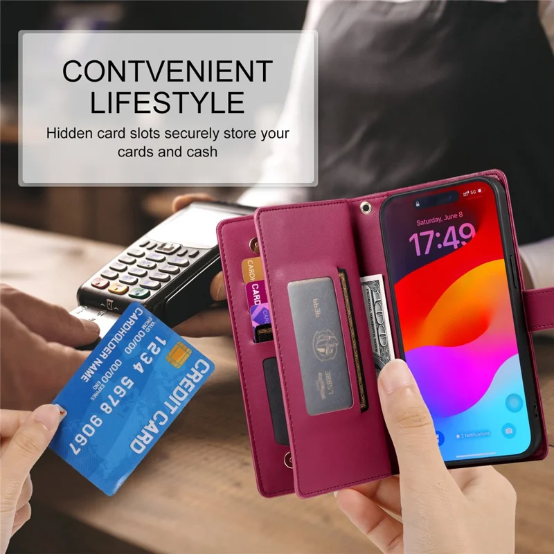 For iPhone 17 Pro Case Zipper Pocket Wallet Leather Phone Cover with Straps - Red