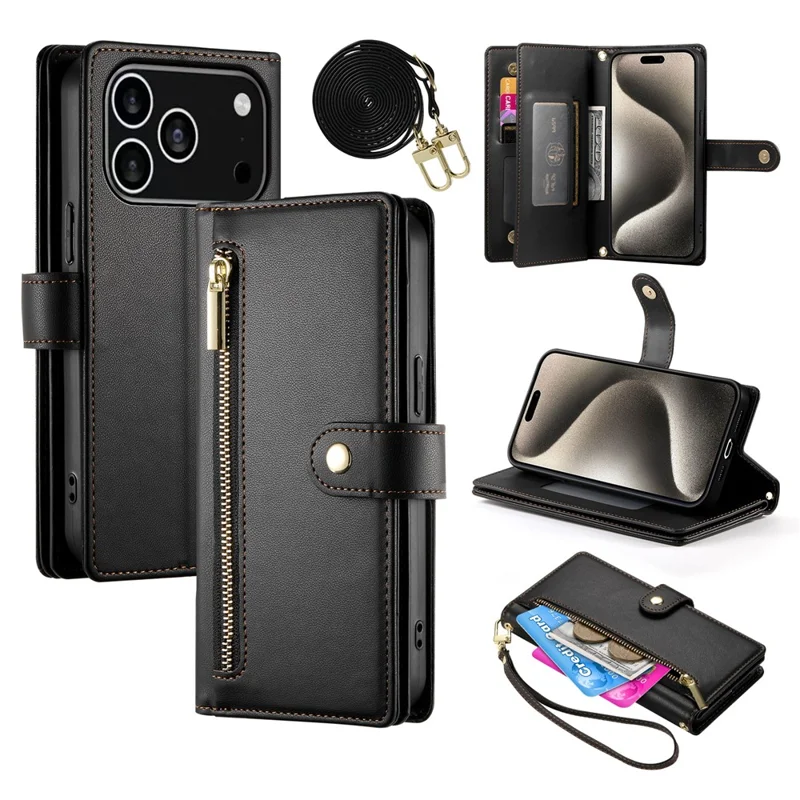For iPhone 17 Pro Case Zipper Pocket Wallet Leather Phone Cover with Straps - Black