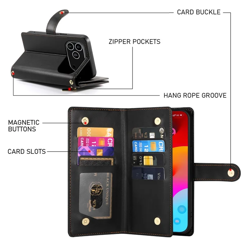 For iPhone 17 Pro Case Zipper Pocket Wallet Leather Phone Cover with Straps - Black