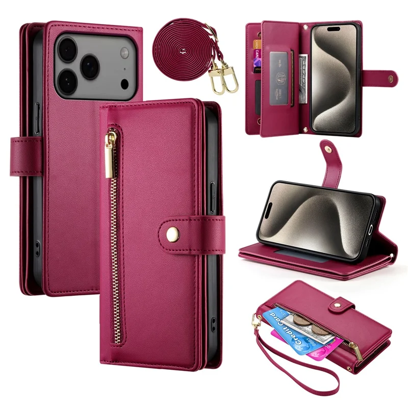 Capa para iPhone 17 Pro Max com Bolso de Zíper, Carteira de Couro com Alças - Vermelho