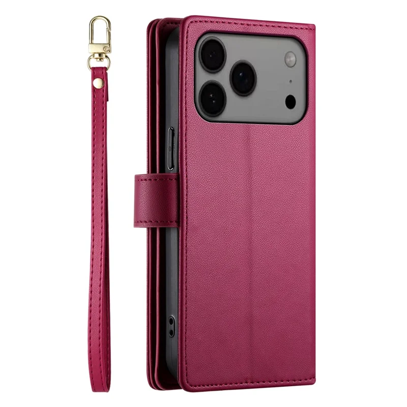 Capa para iPhone 17 Pro Max com Bolso de Zíper, Carteira de Couro com Alças - Vermelho