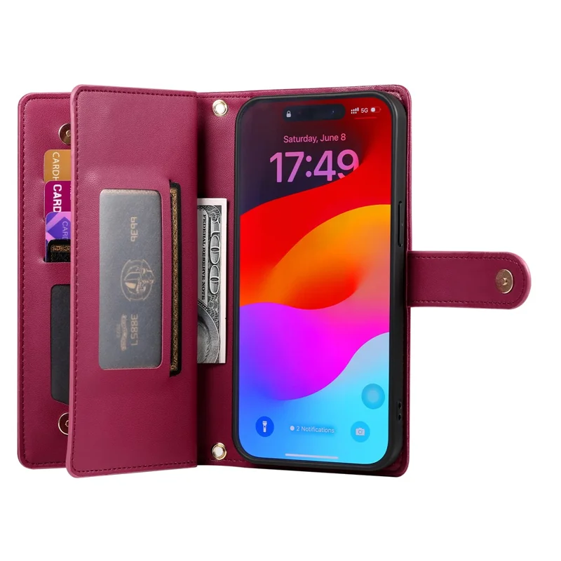 Capa para iPhone 17 Pro Max com Bolso de Zíper, Carteira de Couro com Alças - Vermelho