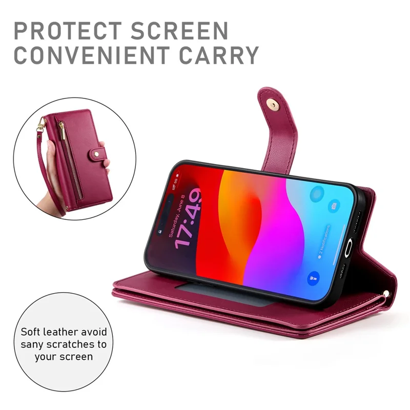 Capa para iPhone 17 Pro Max com Bolso de Zíper, Carteira de Couro com Alças - Vermelho