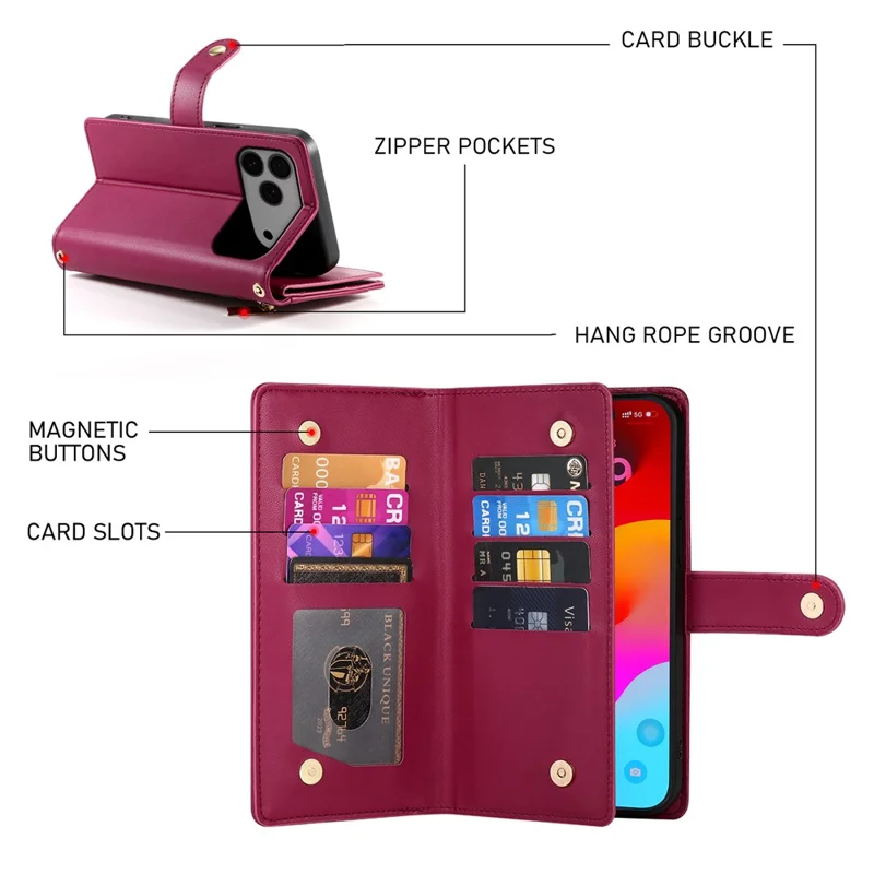 Capa para iPhone 17 Pro Max com Bolso de Zíper, Carteira de Couro com Alças - Vermelho