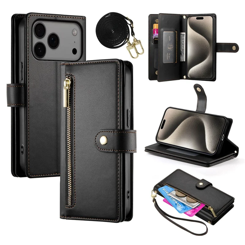 For iPhone 17 Pro Max Case Zipper Pocket Wallet Leather Phone Cover with Straps - Black