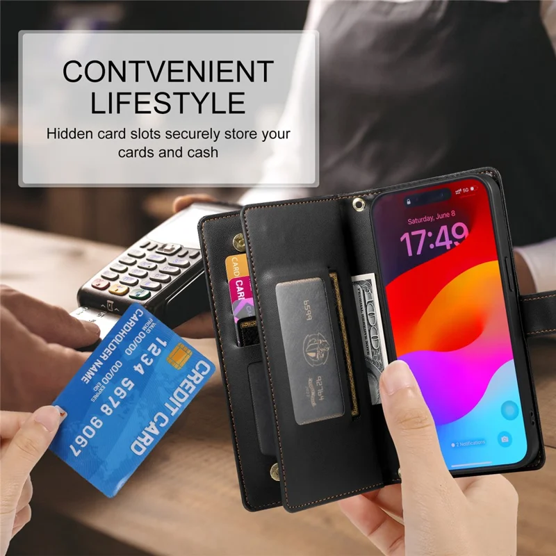 For iPhone 17 Pro Max Case Zipper Pocket Wallet Leather Phone Cover with Straps - Black