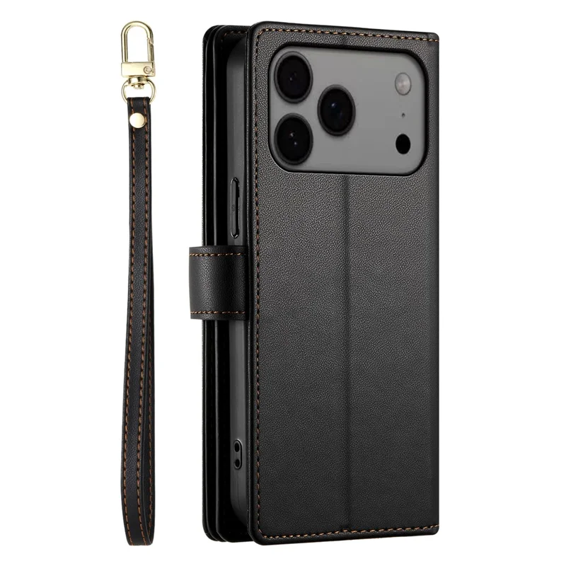 For iPhone 17 Pro Max Case Zipper Pocket Wallet Leather Phone Cover with Straps - Black