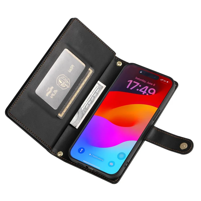For iPhone 17 Pro Max Case Zipper Pocket Wallet Leather Phone Cover with Straps - Black