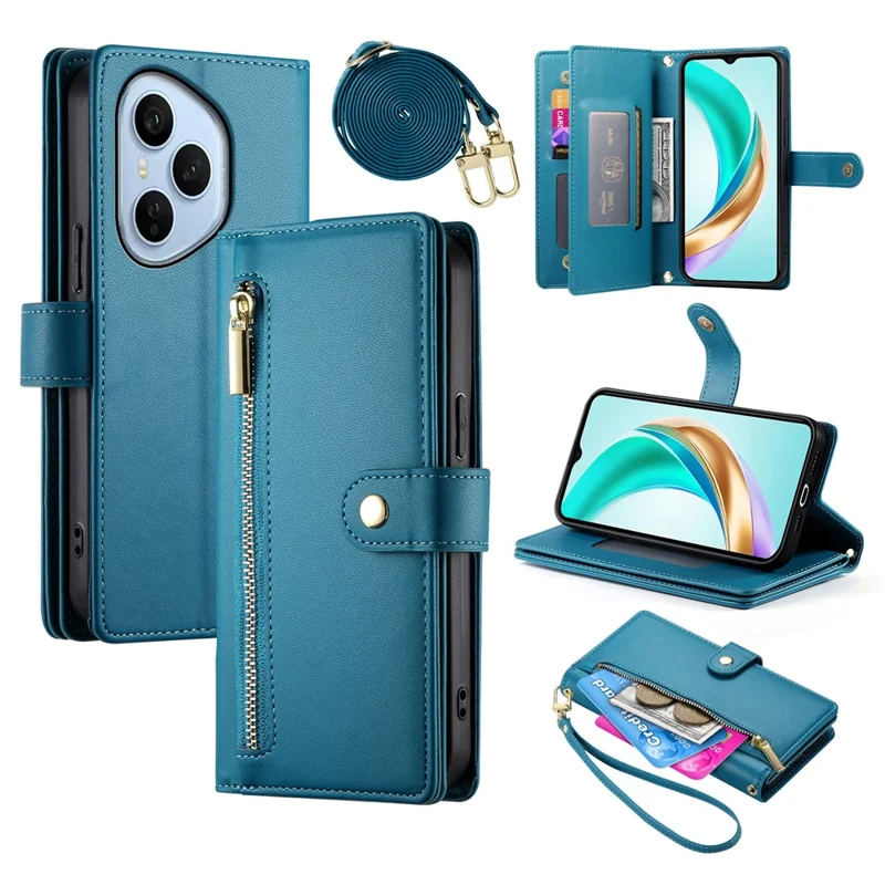 For Honor 400 Pro 5G (Global) Case Zipper Pocket Wallet Leather Phone Cover with Straps - Blue