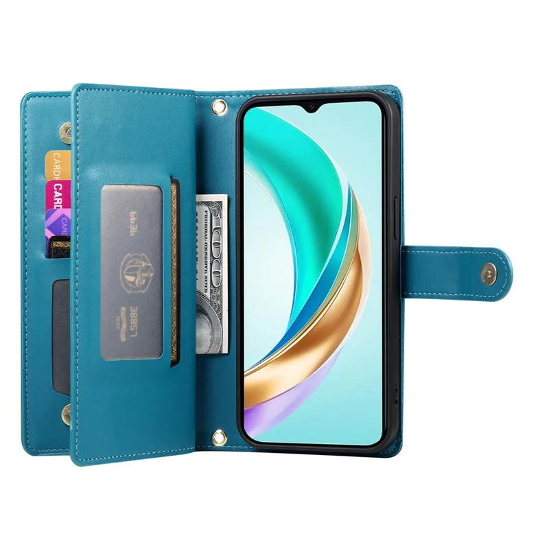 For Honor 400 Pro 5G (Global) Case Zipper Pocket Wallet Leather Phone Cover with Straps - Blue