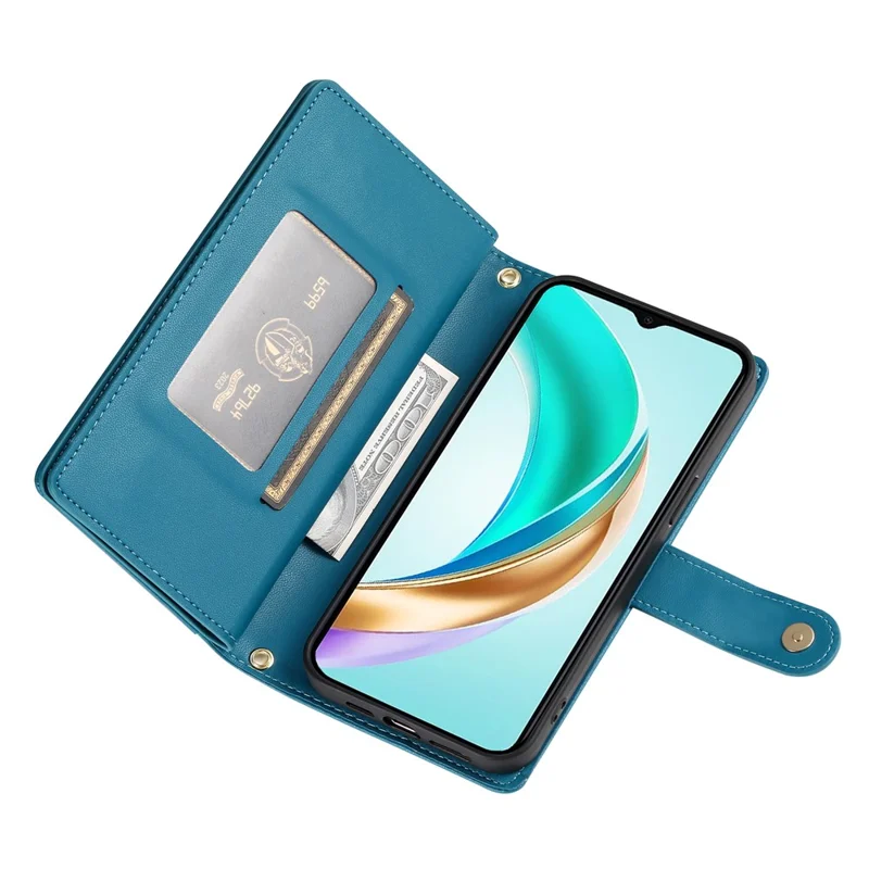 For Honor 400 Pro 5G (Global) Case Zipper Pocket Wallet Leather Phone Cover with Straps - Blue
