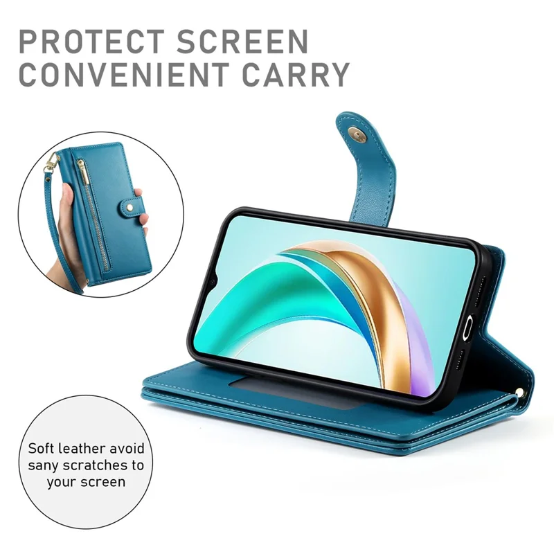 For Honor 400 Pro 5G (Global) Case Zipper Pocket Wallet Leather Phone Cover with Straps - Blue
