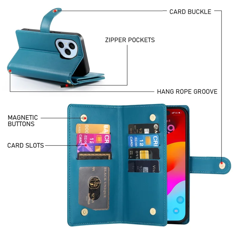 For Honor 400 Pro 5G (Global) Case Zipper Pocket Wallet Leather Phone Cover with Straps - Blue