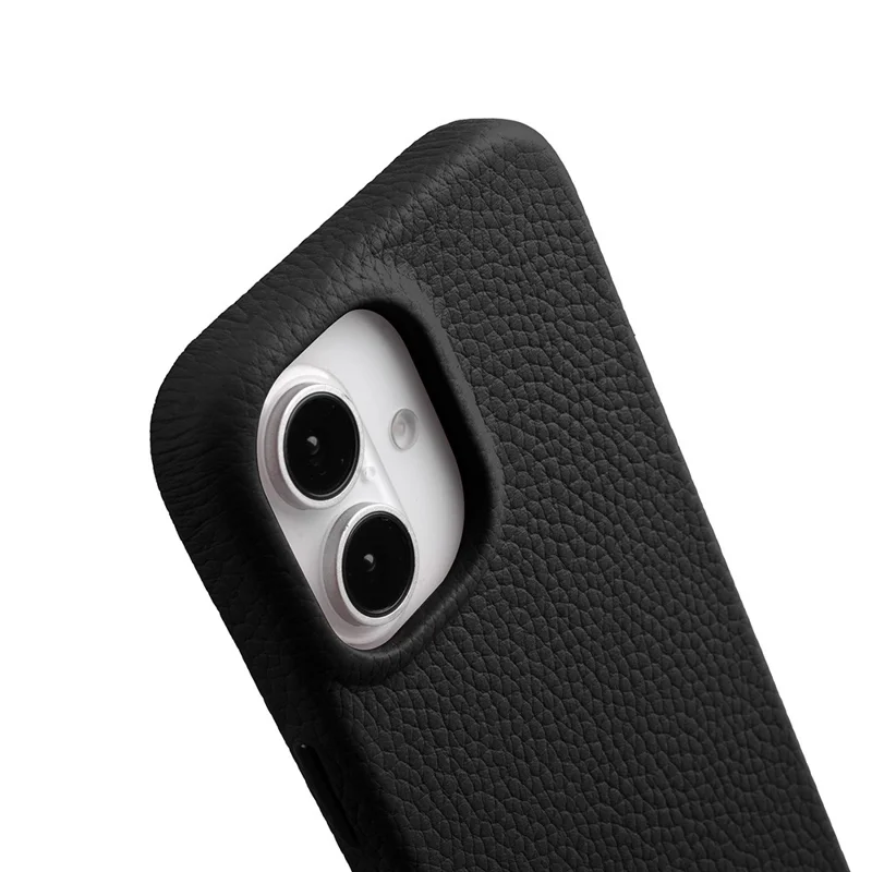 MELKCO For iPhone 16 Plus Magnetic Case Genuine Cow Leather PC Phone Back Cover - Black