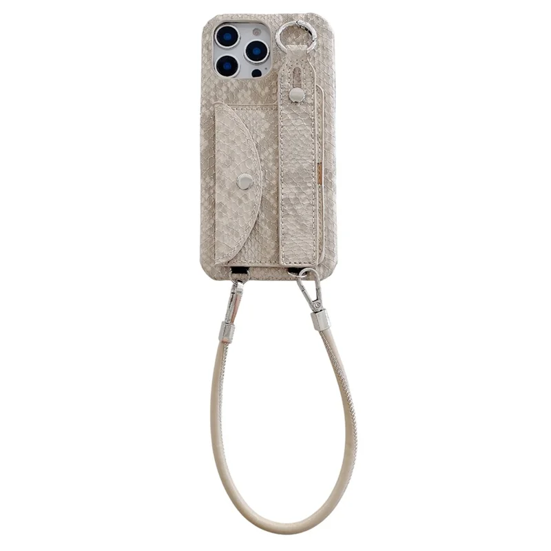 For iPhone 15 Pro Max Case Card Holder Wristband Lacquered Snake Texture PU + PC Back Cover with Lanyard - Khaki