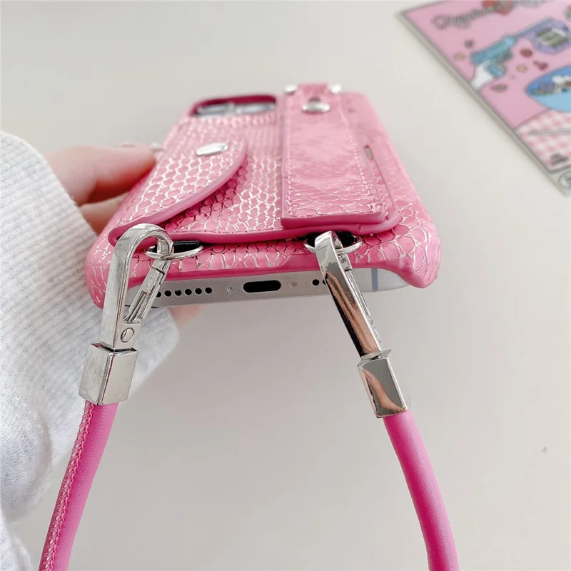 For iPhone 15 Pro Max Case Card Holder Wristband Lacquered Snake Texture PU + PC Back Cover with Lanyard - Khaki