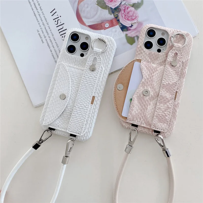 For iPhone 15 Pro Max Case Card Holder Wristband Lacquered Snake Texture PU + PC Back Cover with Lanyard - Khaki
