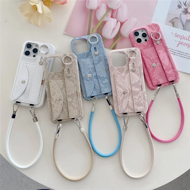 For iPhone 15 Pro Max Case Card Holder Wristband Lacquered Snake Texture PU + PC Back Cover with Lanyard - Khaki