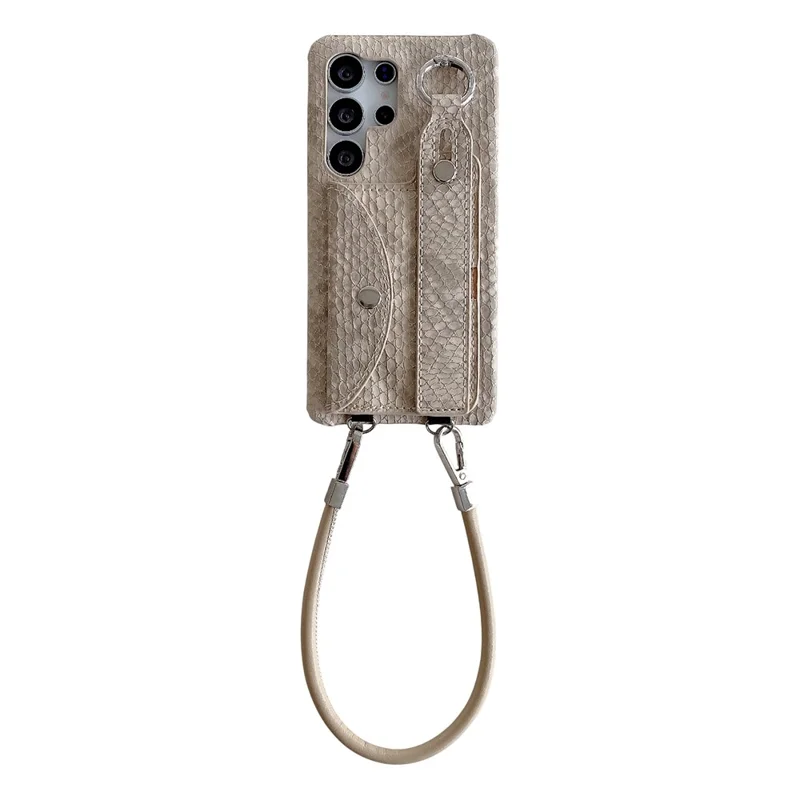 For Samsung Galaxy S24 Ultra Case Card Holder Wristband Lacquered Snake Texture PU + PC Back Cover with Lanyard - Khaki