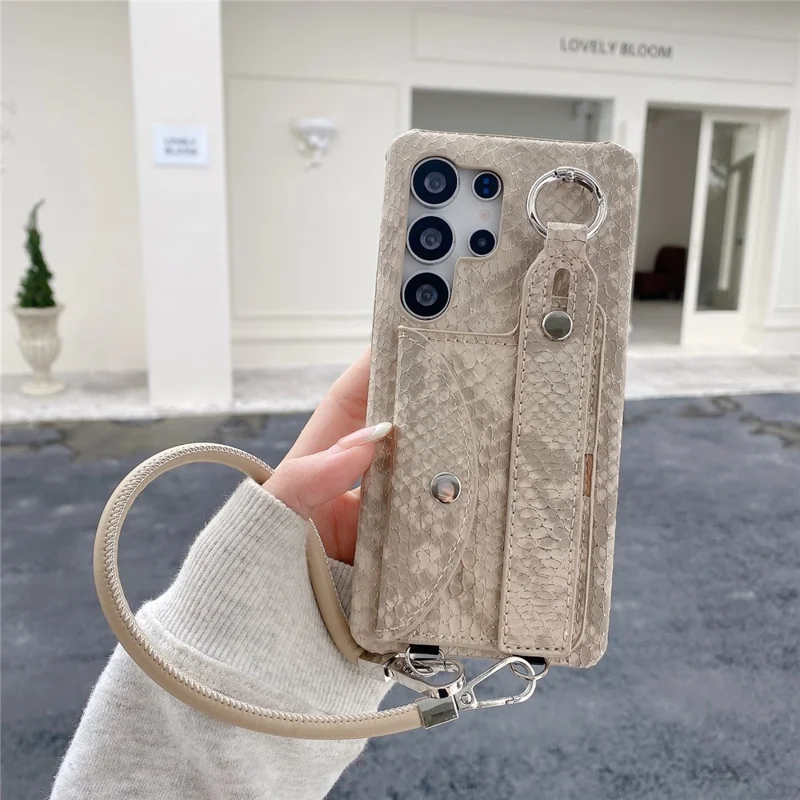 For Samsung Galaxy S24 Ultra Case Card Holder Wristband Lacquered Snake Texture PU + PC Back Cover with Lanyard - Khaki