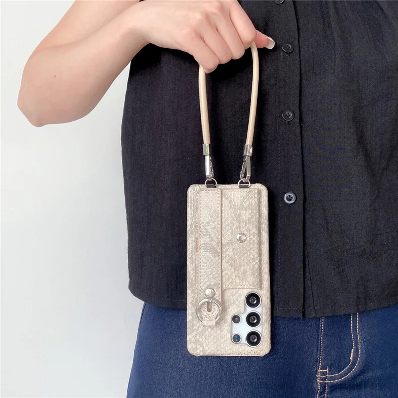 For Samsung Galaxy S24 Ultra Case Card Holder Wristband Lacquered Snake Texture PU + PC Back Cover with Lanyard - Khaki