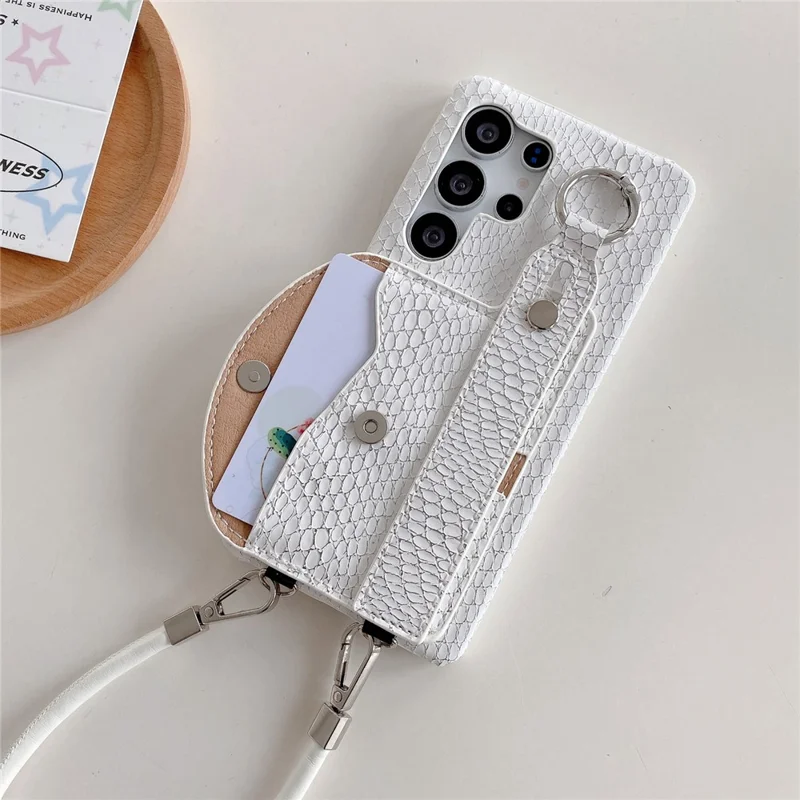 For Samsung Galaxy S24 Ultra Case Card Holder Wristband Lacquered Snake Texture PU + PC Back Cover with Lanyard - Khaki