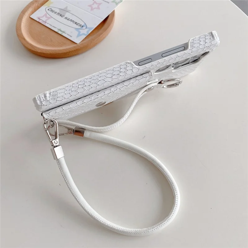For Samsung Galaxy S24 Ultra Case Card Holder Wristband Lacquered Snake Texture PU + PC Back Cover with Lanyard - Khaki