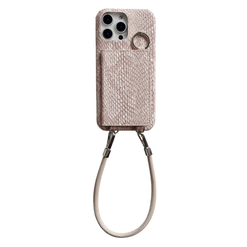 For iPhone 16 Pro Case Card Holder Mirror Snake Texture PU + PC Back Cover with Lanyard - Light Pink