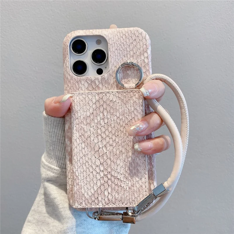 iPhone 15 Pro Max Hülle Kartenfach Spiegel Schlangentextur PU + PC Rückseite mit Schlaufe - Hellrosa