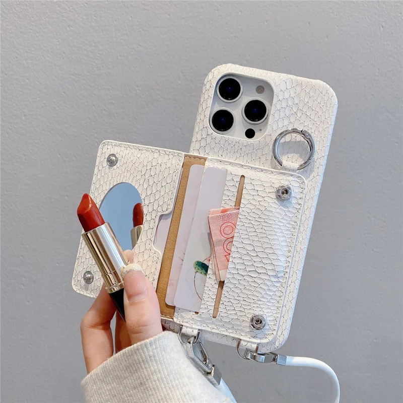 For iPhone 15 Pro Max Case Card Holder Mirror Snake Texture PU + PC Back Cover with Lanyard - White