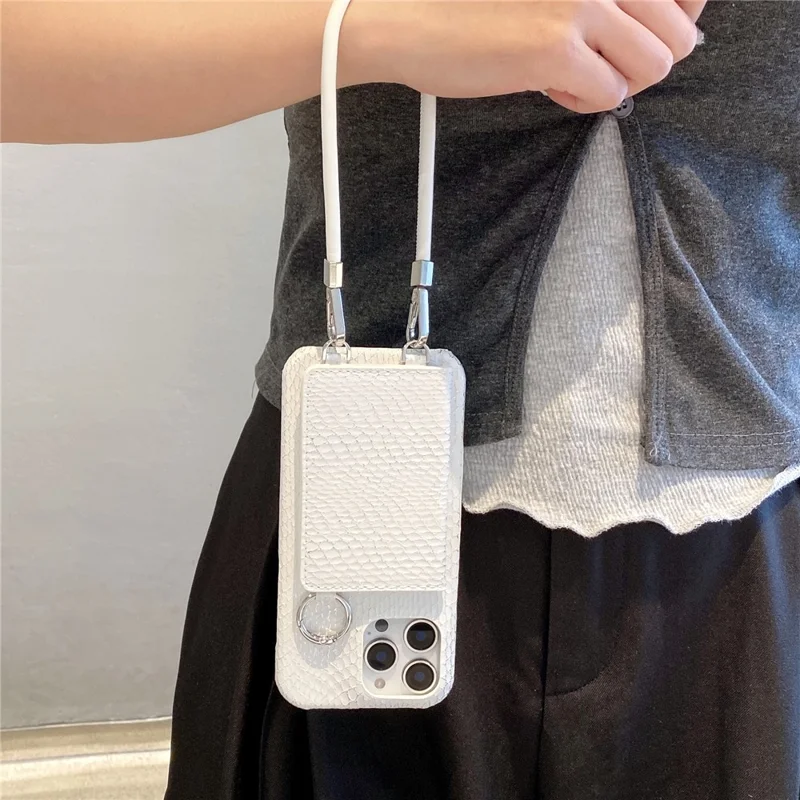 For iPhone 15 Pro Max Case Card Holder Mirror Snake Texture PU + PC Back Cover with Lanyard - White